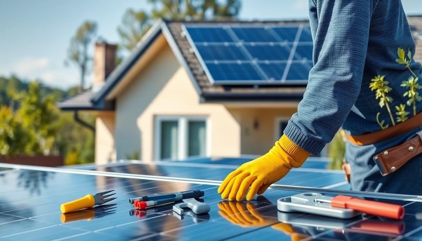 Technician at a solar repair company New Jersey fixing solar panels on a residential roof.