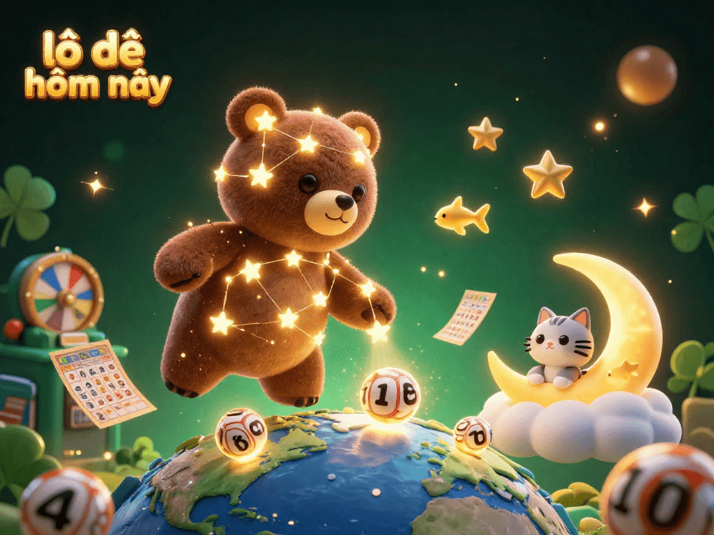 Engage in lô đề hôm nay with vibrant lottery elements and a celestial bear in a cosmic scene.