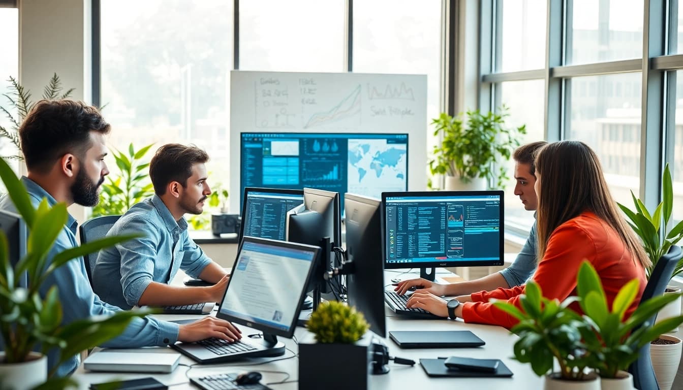 Analyze data on screens in a collaborative office for https://dmeomaha.com Managed IT Services.