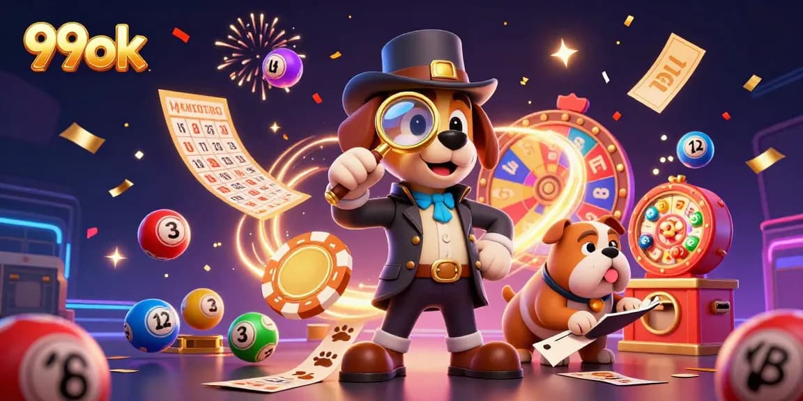 Engage with exciting gameplay at 99ok, featuring a cartoon detective investigating a poker chip.