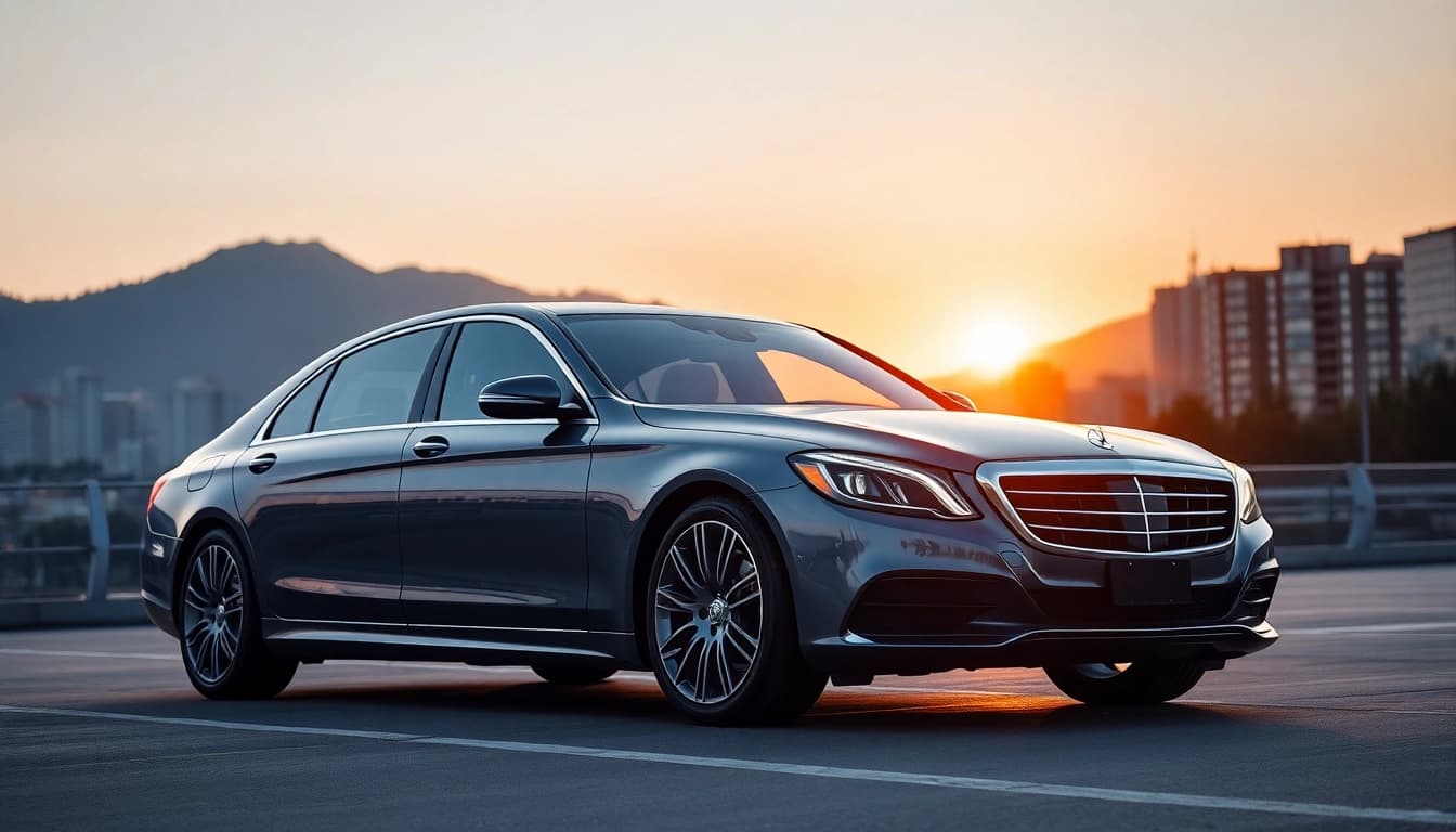 Experience the elegance of private car service vancouver with a luxury sedan against a scenic backdrop.