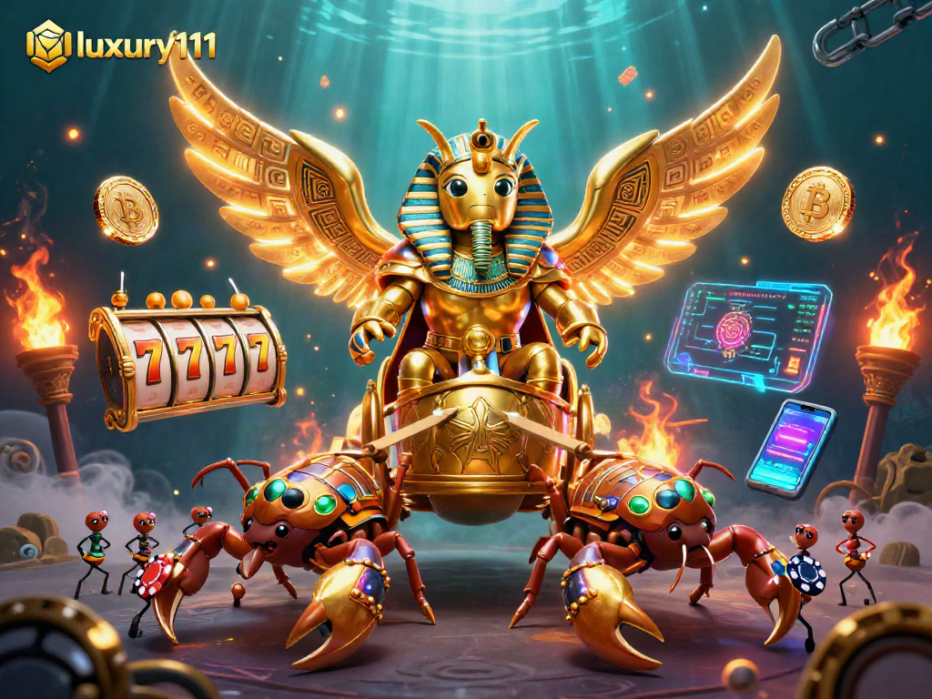 Engage in thrilling slot action with luxury111's vibrant, 3D illustrated casino scene.