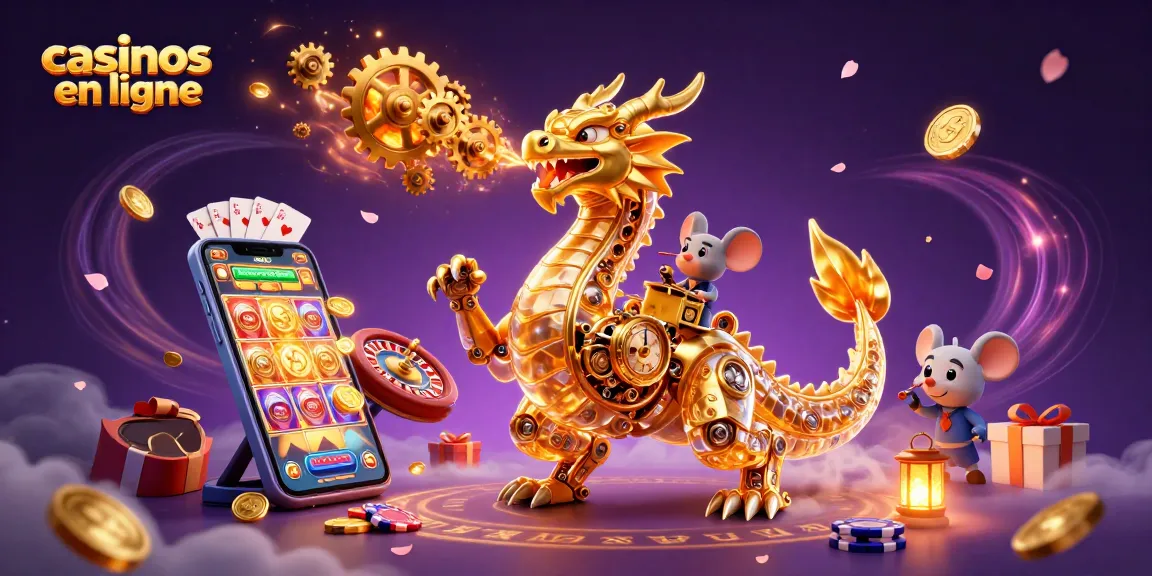 Découvrez les casinos en ligne avec des machines à sous et un dragon fascinant dans une scène animée.