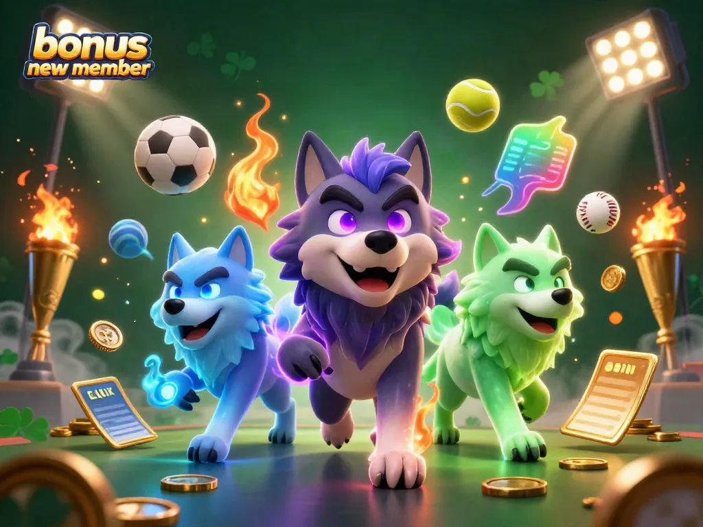 Experience the thrill of winning with the bonus new member promotion in a vibrant casino atmosphere, featuring dynamic sports elements and ghostly wolves.