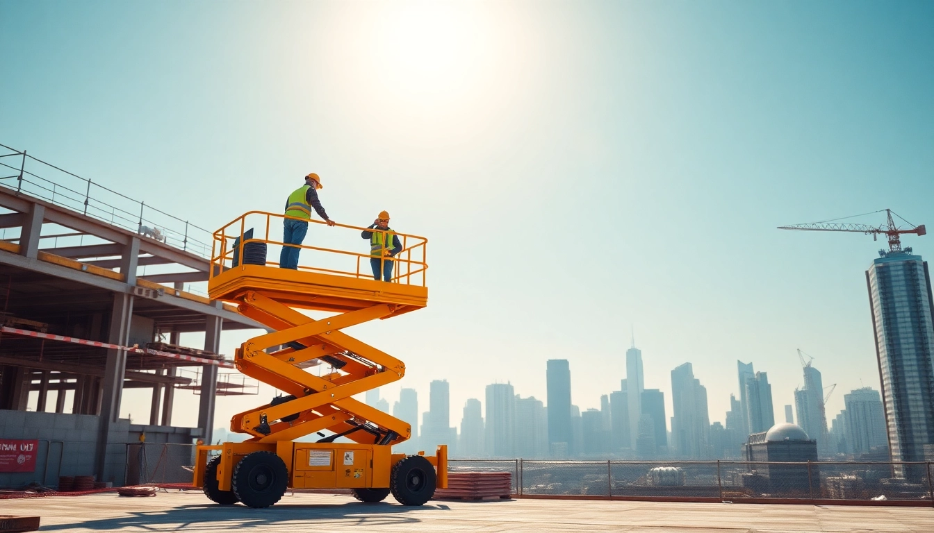Workers operating a scissor lift on a construction site showcasing safety and efficiency.