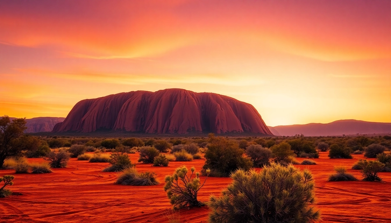 A mesmerizing view of Australia's Uluru glowing at sunset, showcasing its stunning colors and textures.