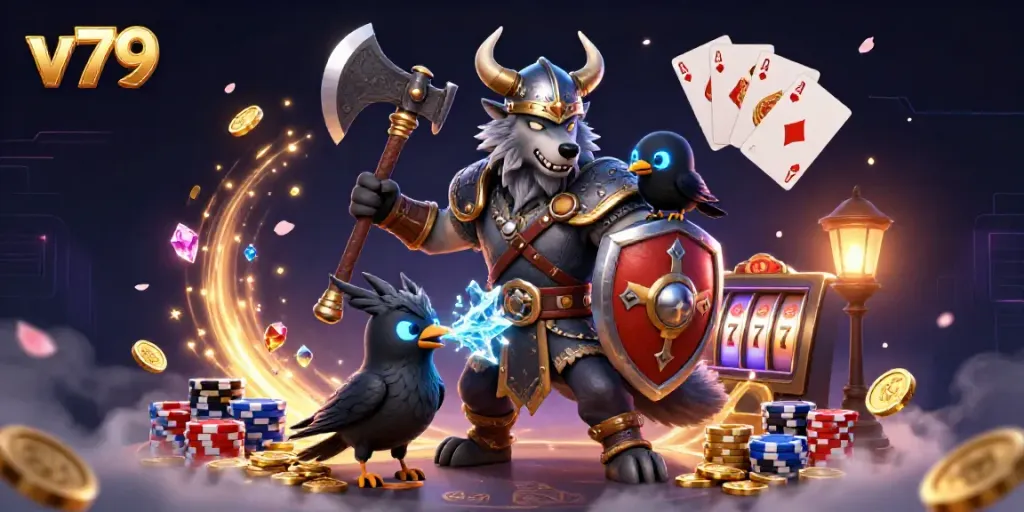 Spin the reels with v79's engaging Viking wolf warrior and dragon amidst a vibrant casino scene.