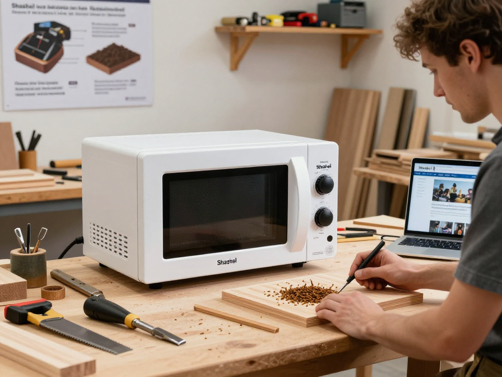 Shashel microwave pest control equipment in a bright woodworking workshop.