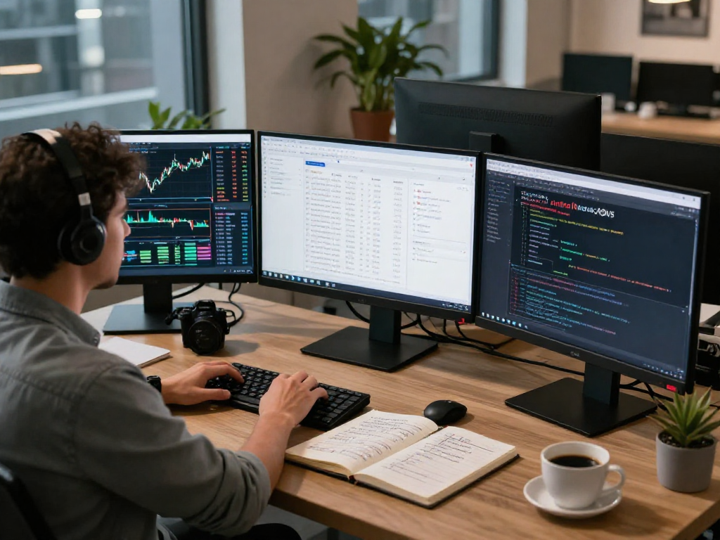 在现代交易环境中,交易员使用MetaTrader 5分析市场和图表,桌面上环境整洁明亮,体现出效率与专业性。