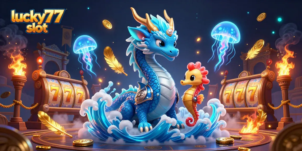 Engage with the lucky77 slot experience, featuring an azure water dragon and seahorse knight in an enchanting underwater scene.