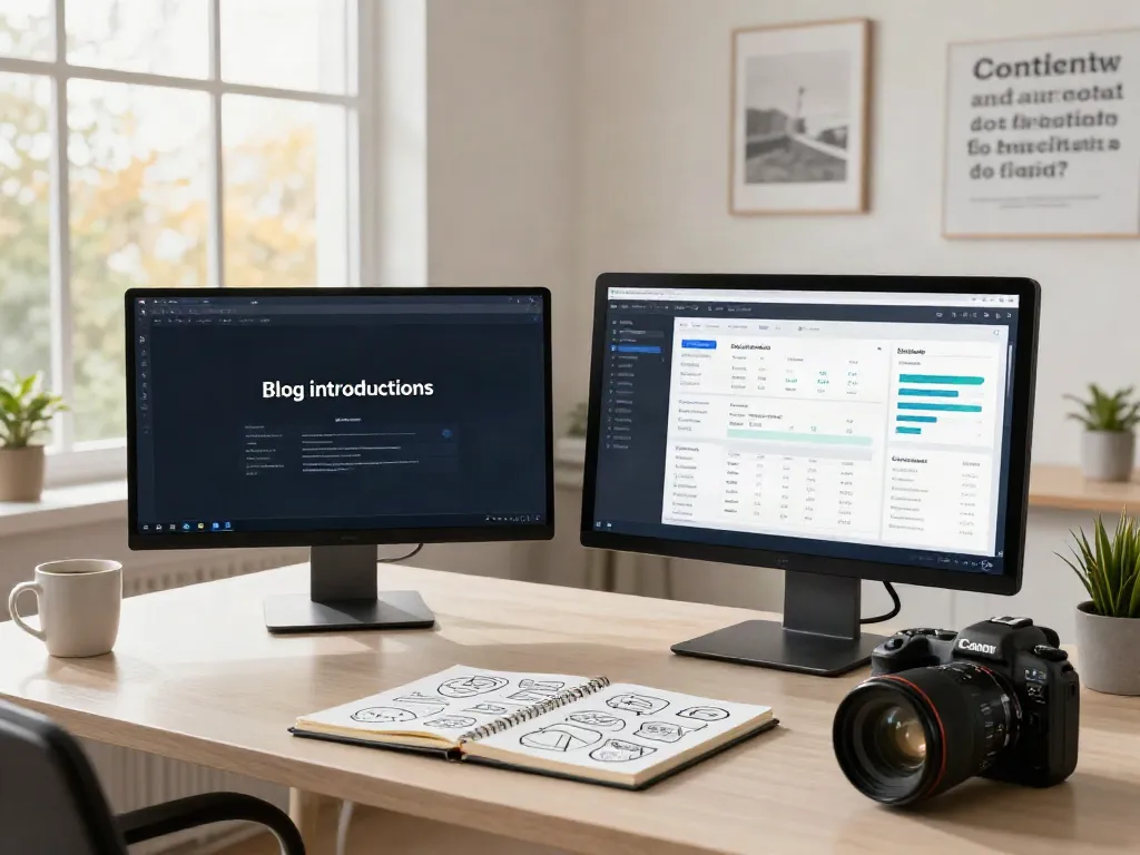 AI generated blog introductions creation in a modern workspace with dual monitors and brainstorming notes.