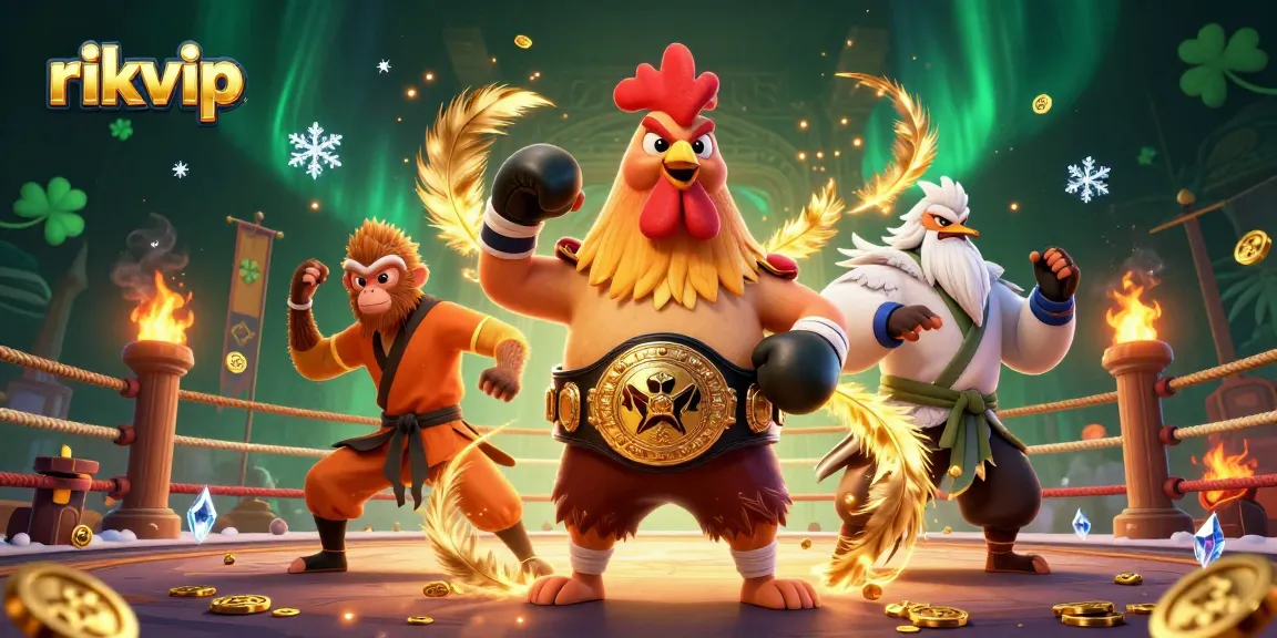 Engage with rikvip's dynamic casino experience featuring a fierce rooster, martial artists, and rich gaming symbols.