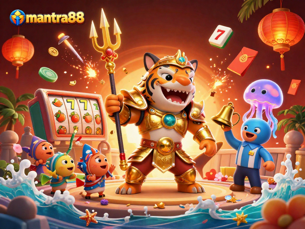 Experience thrilling wins at mantra88 with a lively underwater casino scene showcasing slot machines and a dazzling shark warrior.