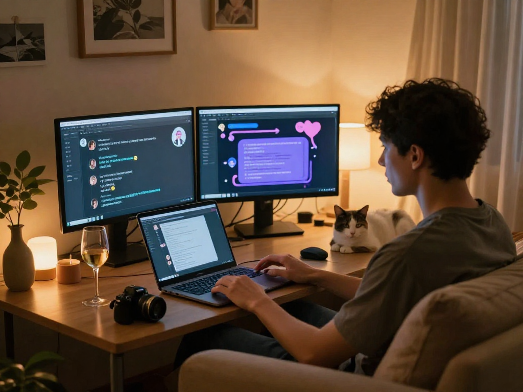 Engaging in ai nsfw chat in a cozy room, warm lighting and inviting atmosphere.