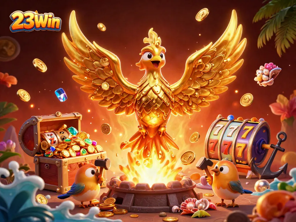 Bet on 23Win's thrilling jackpots with vibrant slot reels and mythical golden phoenix!