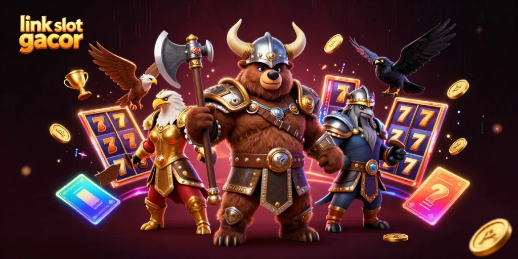 Gambarlah slot gacor dengan beruang Viking dan elang Valkyrie dalam suasana kasino yang megah.