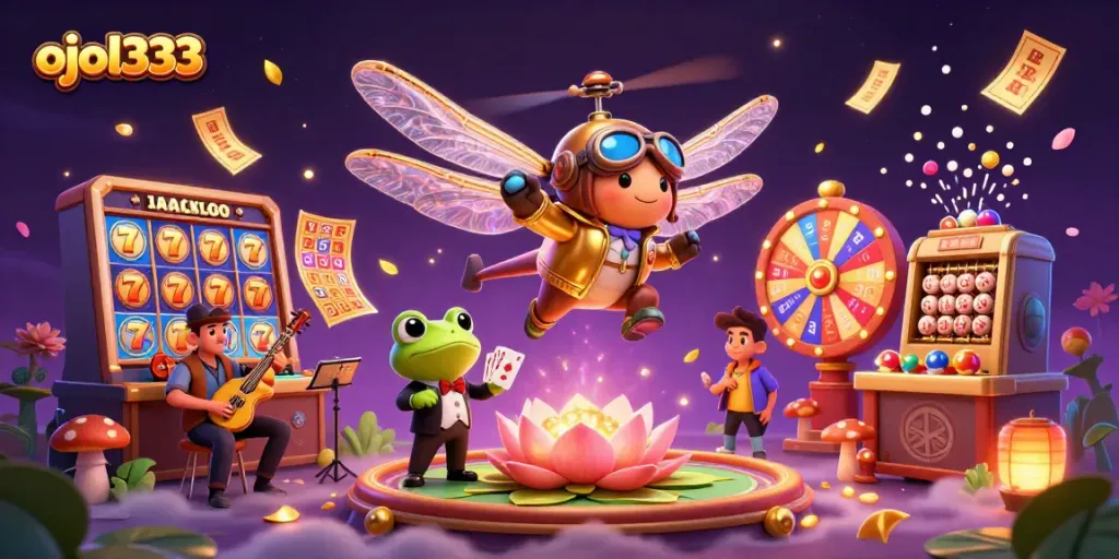 Spin slots at ojol333 with a 3D dragonfly pilot and frog croupier amid vibrant casino action.