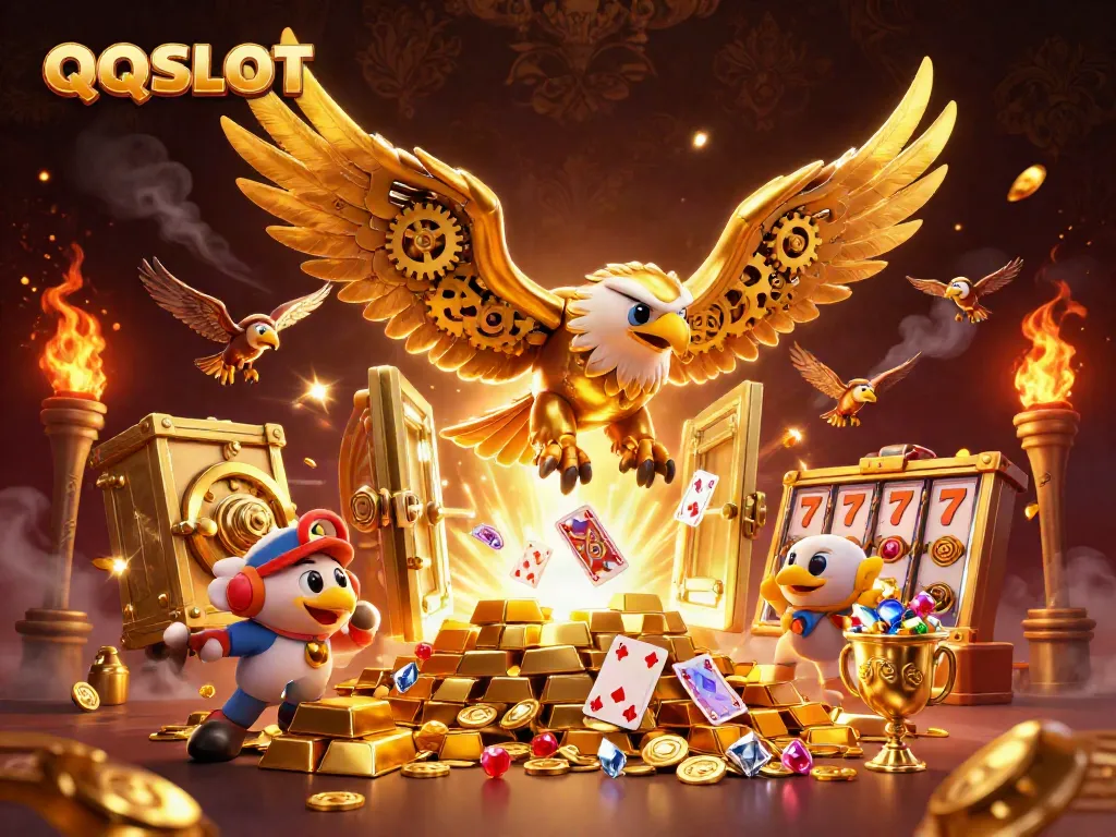 Engage with the exhilarating world of QQSLOT, featuring a golden eagle soaring through vibrant playing cards and rich treasures.