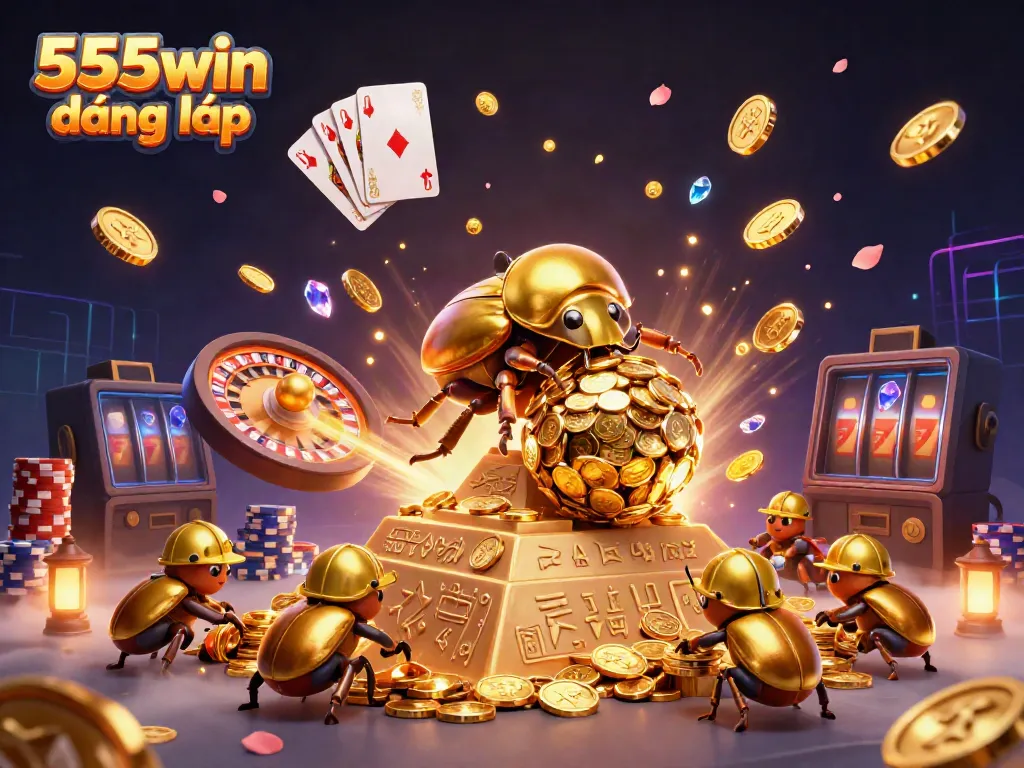 Experience the thrill of 555win đăng nhập with an exciting casino scene featuring golden coins and dynamic gambling elements.