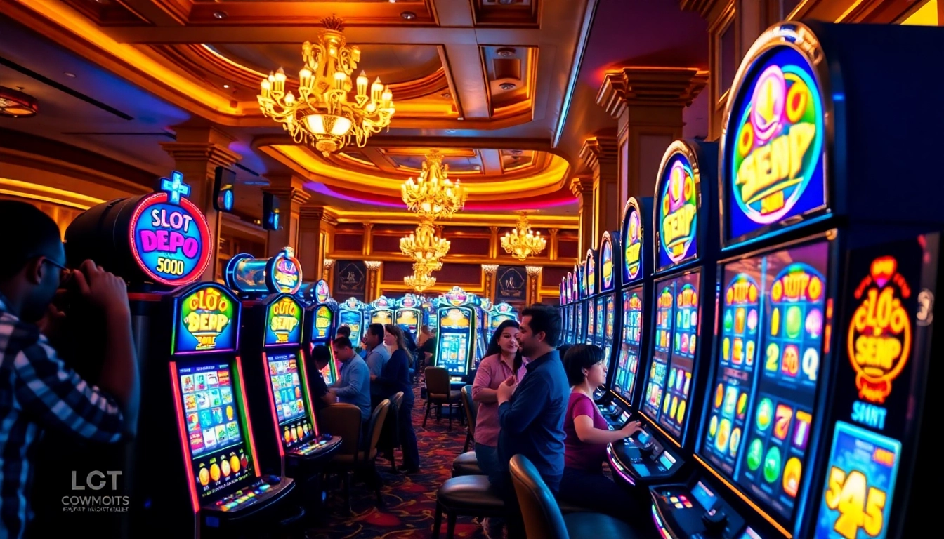 Slot Depo 5000 menampilkan mesin slot yang memikat dan pemain penuh semangat.