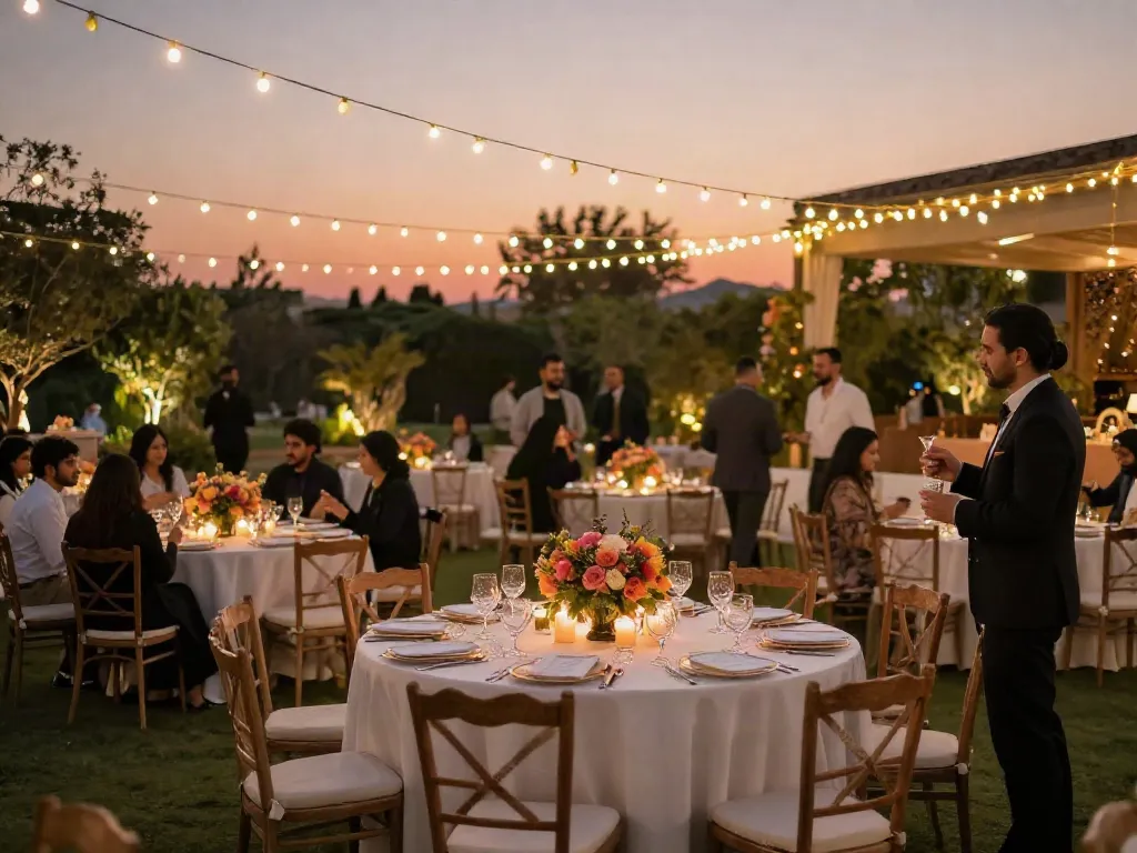 Event rental KSA setup with elegant seating and twinkling lights in outdoor venue