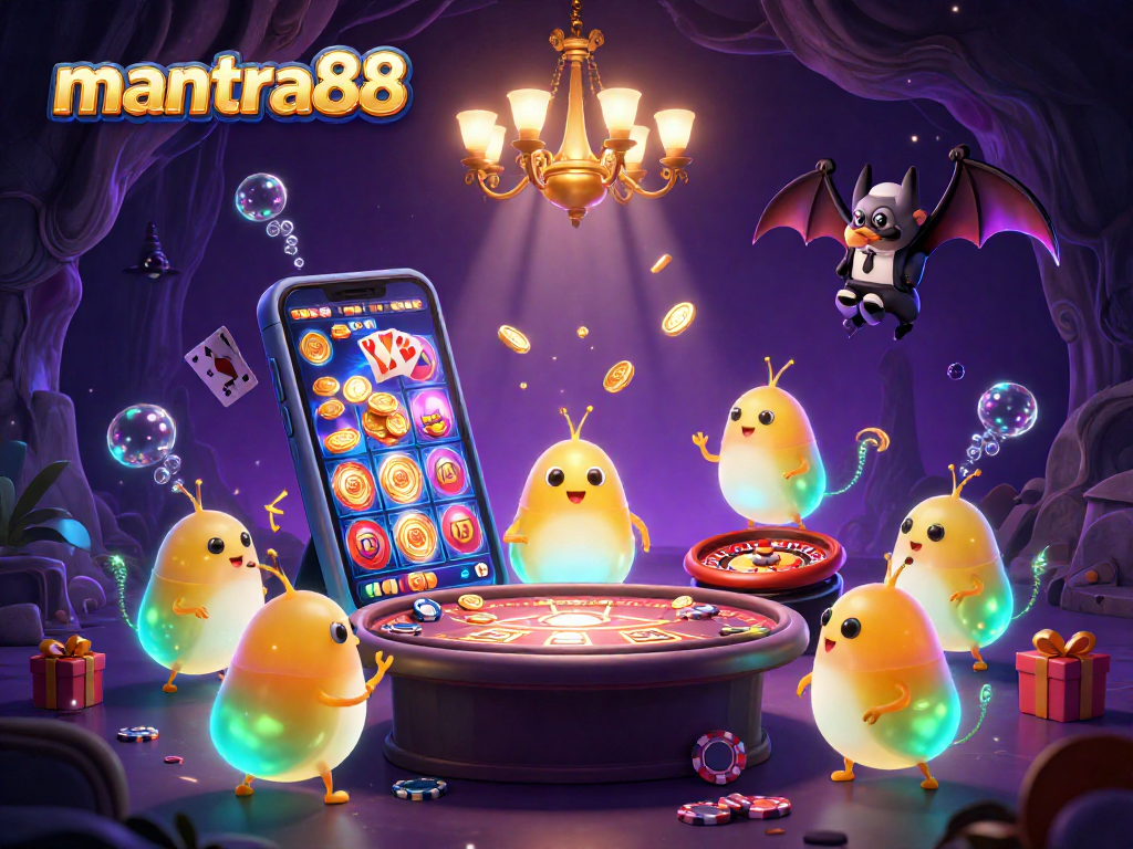 Experience thrilling gameplay with mantra88's vibrant casino illustration featuring glowworms and a bat dealer.