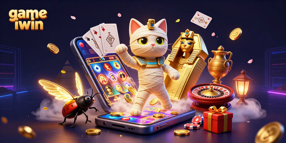 Play the game iwin with a vibrant scene featuring a mummy cat, golden coins, and thrilling casino elements.