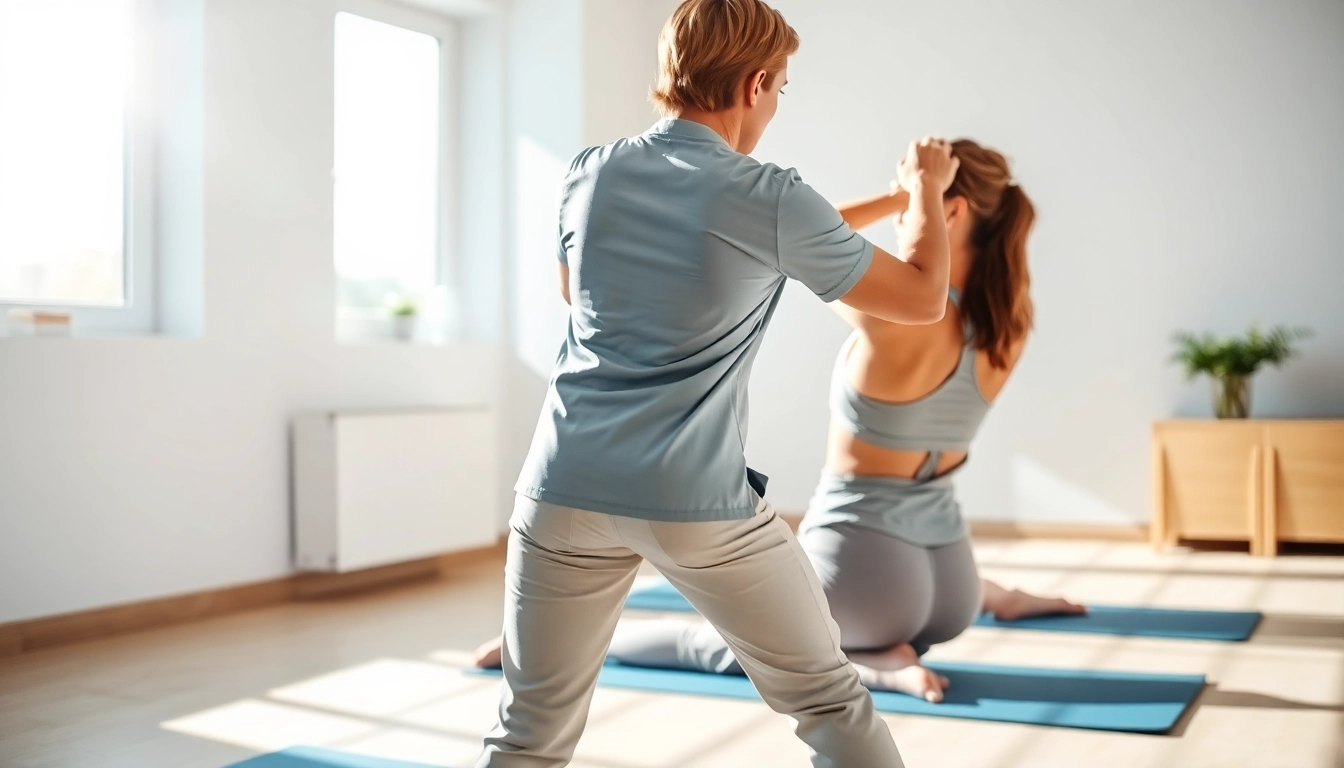 Physiotherapy session focusing on back pain treatment through posture exercises in a bright clinic.