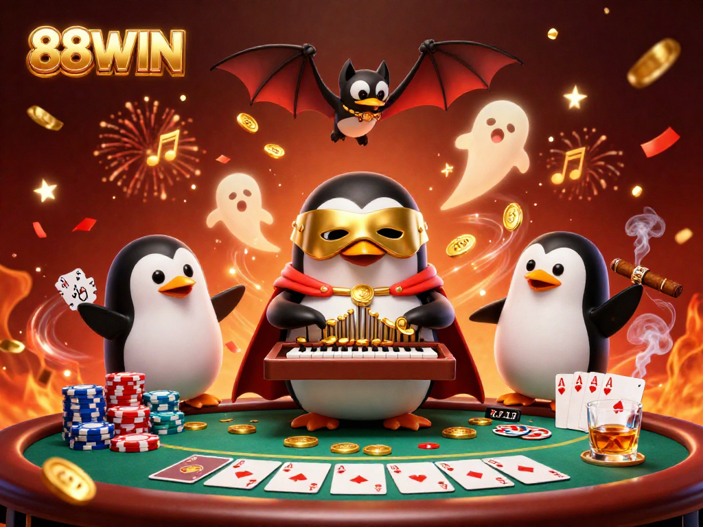 Experience casino excitement with 88WIN's vibrant 3D penguin playing organ, showcasing festive gaming flair.