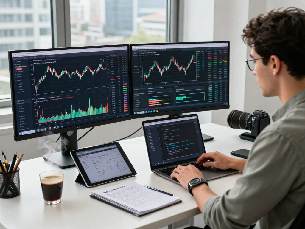 Real-time analysis in a modern workspace featuring natural gas futures Kline API on dual screens, showcasing trading data and analytics.