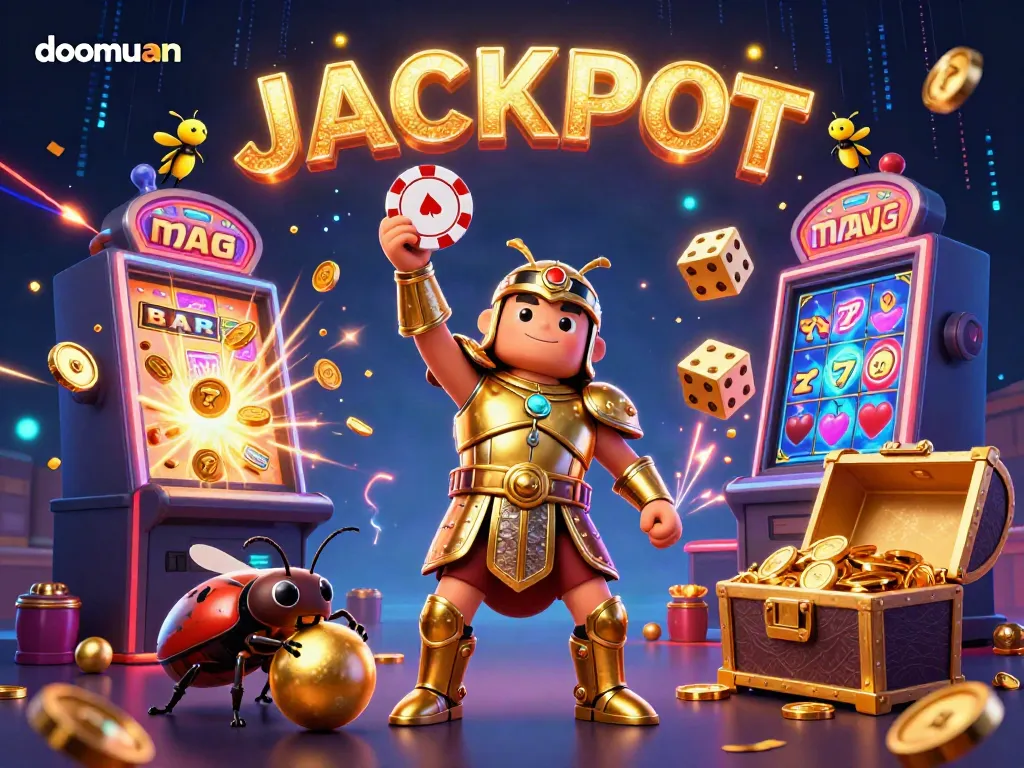 Experience the excitement of doomuan with a colorful 3D victory scene featuring beetles and casino elements.