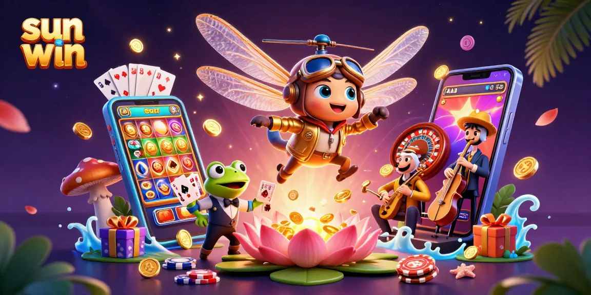 Experience sun win's lively casino atmosphere with a dragonfly pilot and frog dealer in this vibrant 3D illustration.