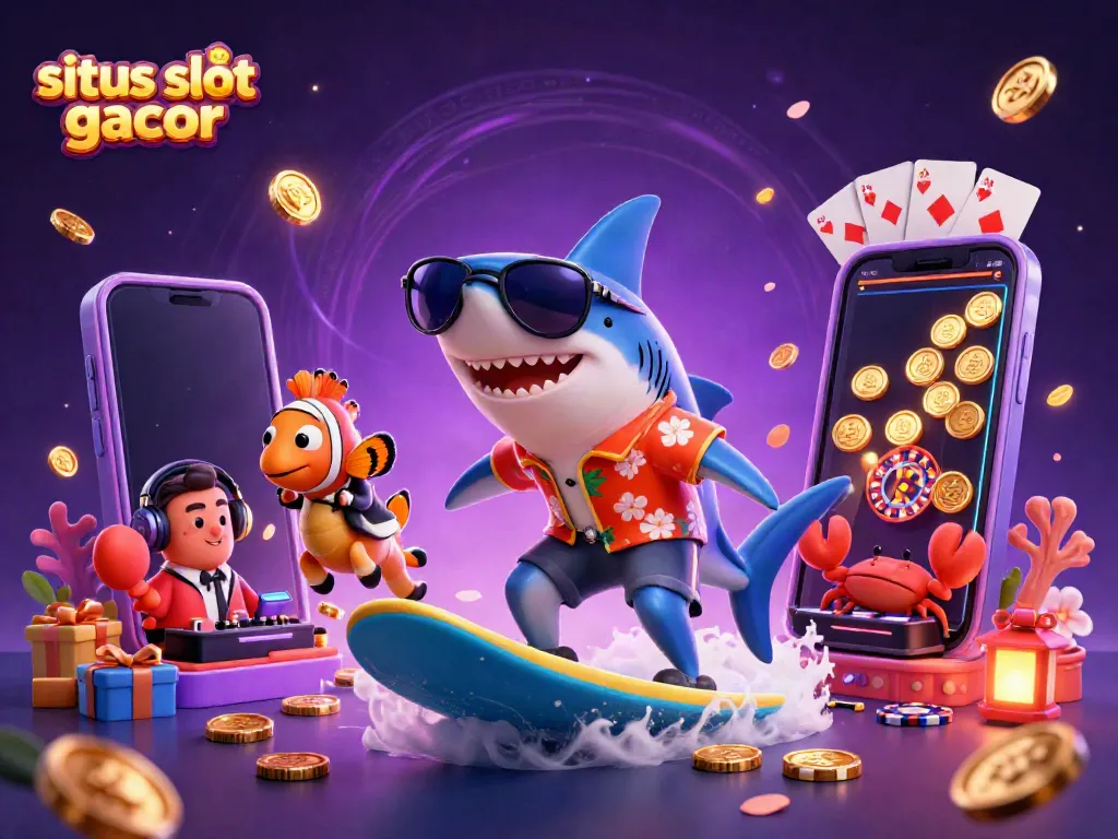 Menggenggam kemenangan di situs slot gacor dengan ilustrasi hiu kartun dan elemen kasino yang ceria.