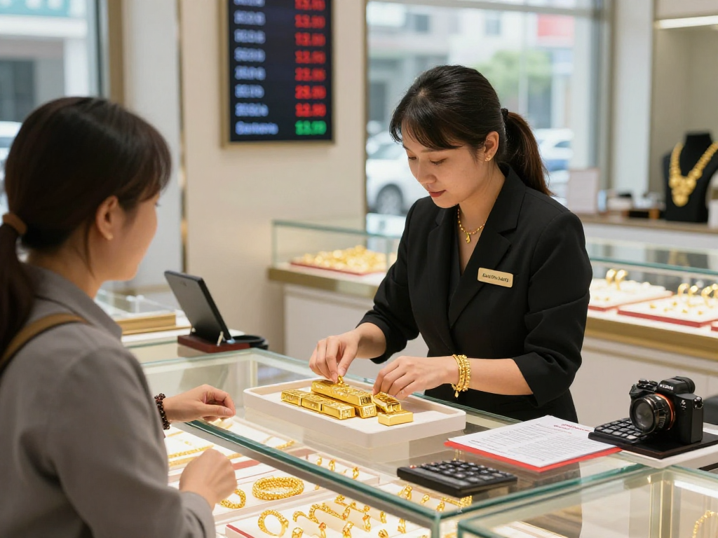 Gold trading scene with jeweler showing mantra 88 jewelry pieces to a customer in a modern showroom.