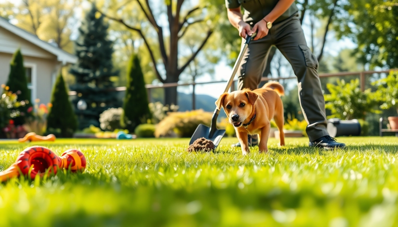 Providing dog poop cleanup services near me, a professional collects dog waste in a clean backyard setting.