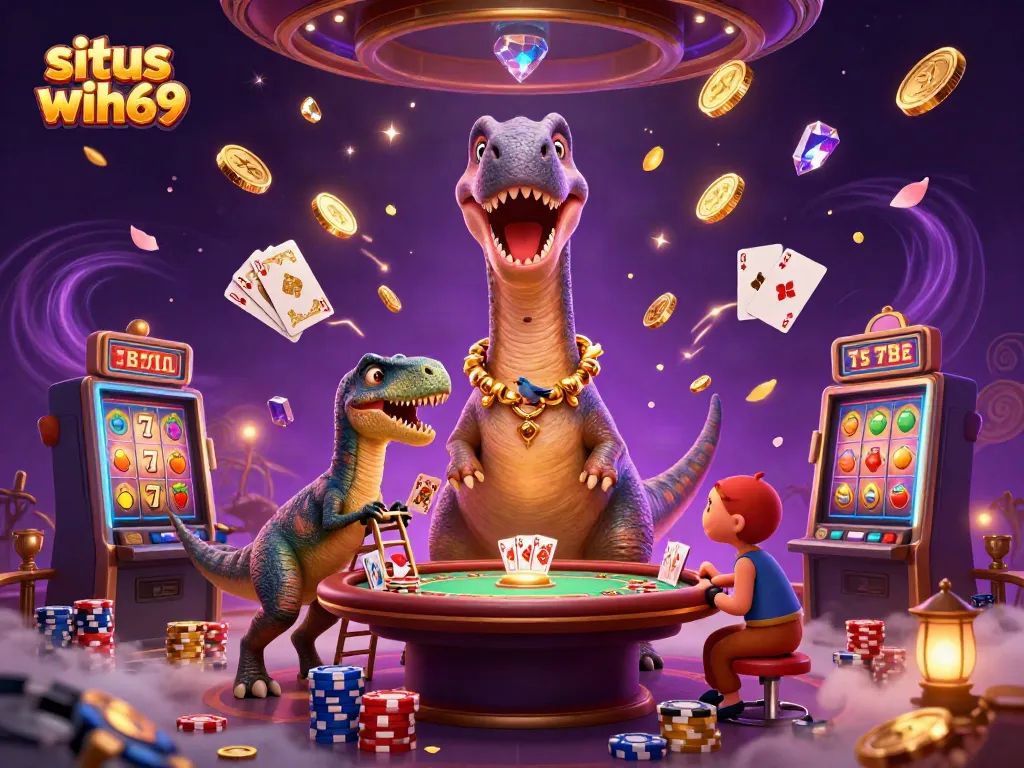 Menangkan di situs wih69 dengan menyaksikan brontosaurus raksasa mengawasi meja poker penuh koin emas.