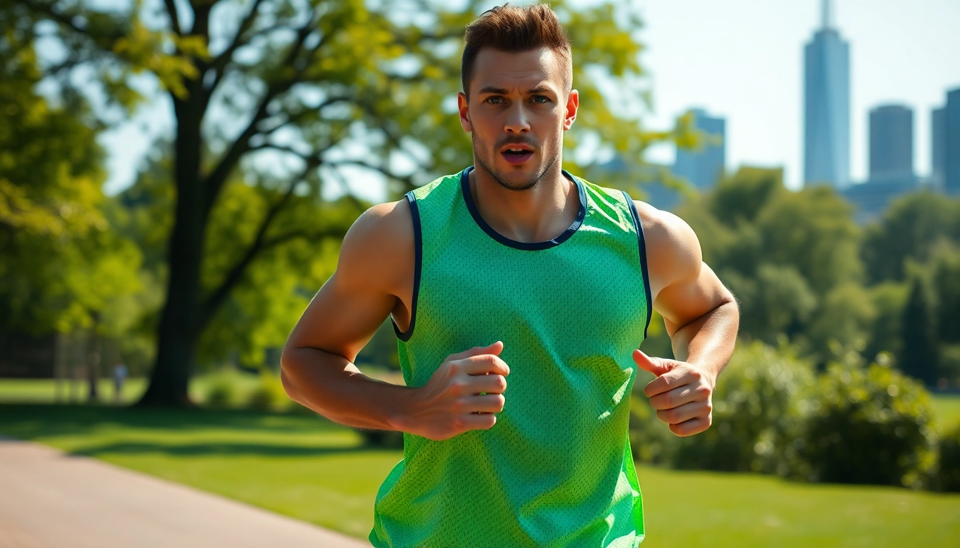 Active runner showcasing a running vest UK in a vibrant outdoor setting.