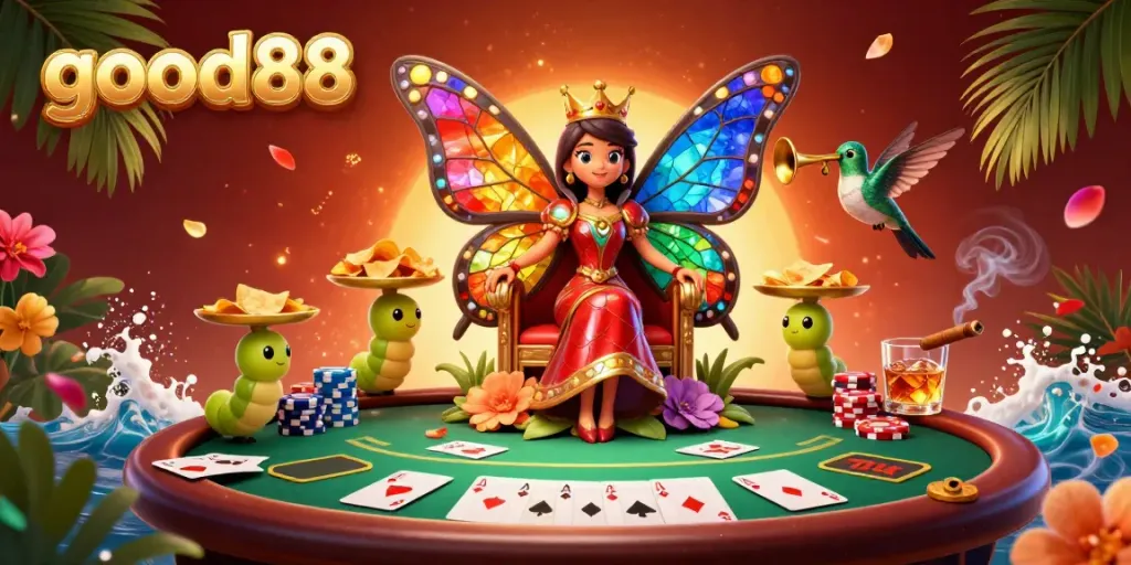 Play engaging games at good88 with a colorful casino scene featuring a butterfly queen and poker elements.