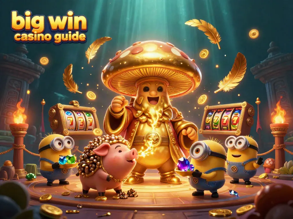 Visualize a dynamic fantasy scene showcasing the big win casino guide with magical characters, slot themes, and treasure details