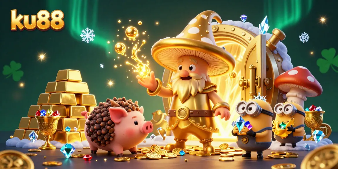 Win big with ku88 in this vibrant 3D scene featuring a magical wizard and treasure!