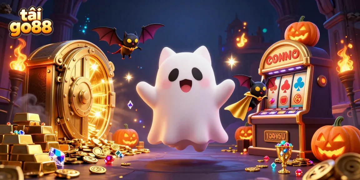 Tải go88 and win big with a whimsical ghost cat and a vampire bat in a magical casino scene.