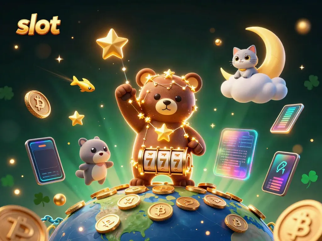 Engage in exhilarating slot gameplay as a constellation bear scoops coins amidst vibrant casino graphics.