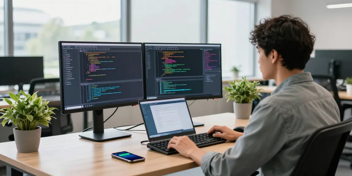 Software developer coding at modern desk with dual monitors and laptop focusing on https://net88.se.net in a vibrant, bright office.