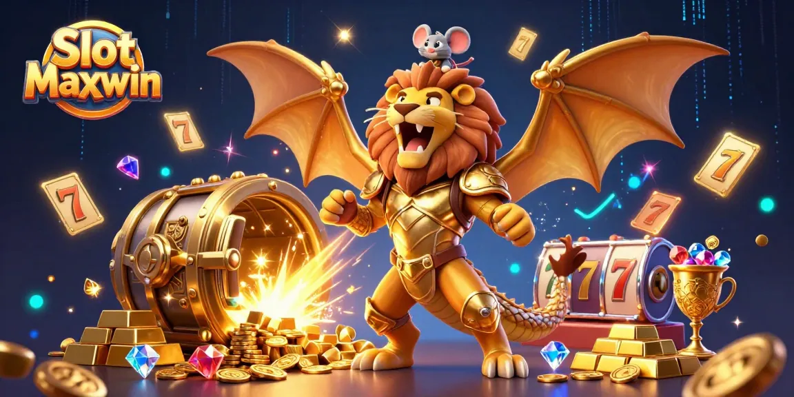 Experience Slot Maxwin with a dynamic 3D illustration of casino treasures and thrilling gameplay.