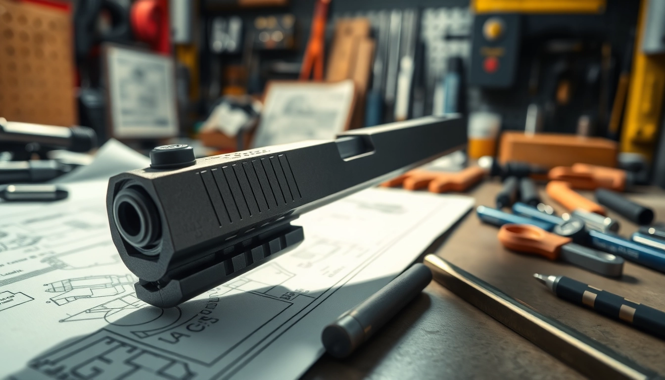 Showcasing a glock 17 gen 5 slide with intricate details in a professional workshop environment.