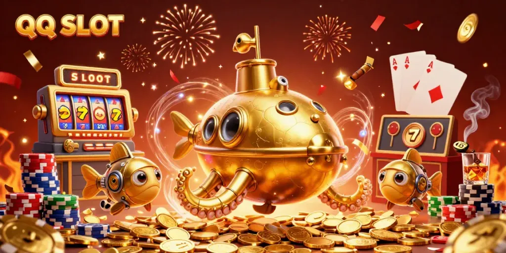 Experience thrilling QQ SLOT action with a golden kraken submarine and vibrant jackpot symbols.