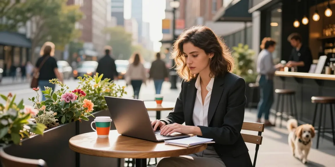 Youthful professional engaged with bryndarland.co.uk at city café, vibrant outdoor workspace.