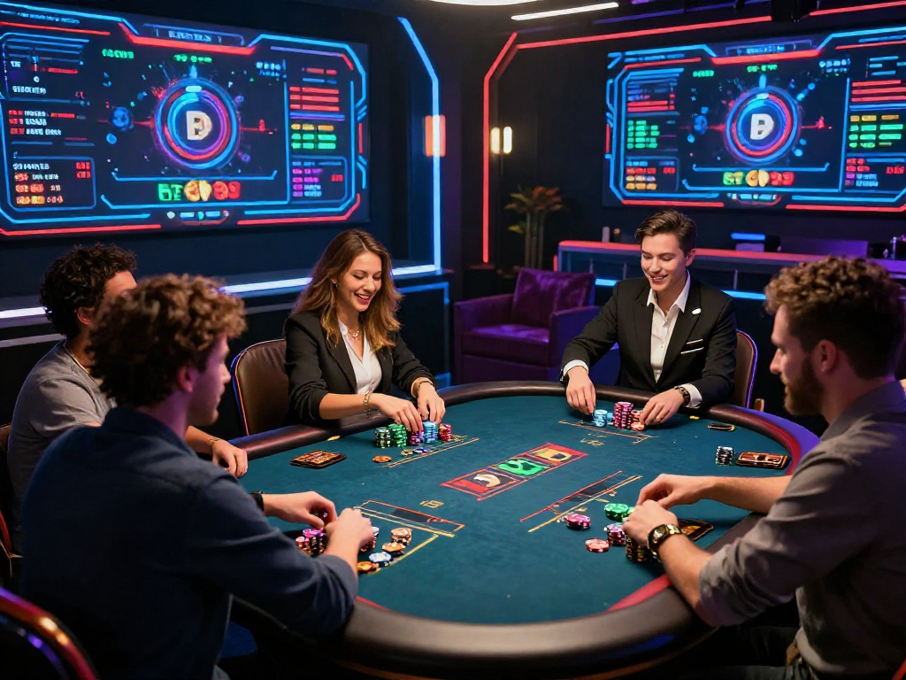 Exciting crypto casino scene with players engaged in digital poker, neon lighting and high-tech graphics.