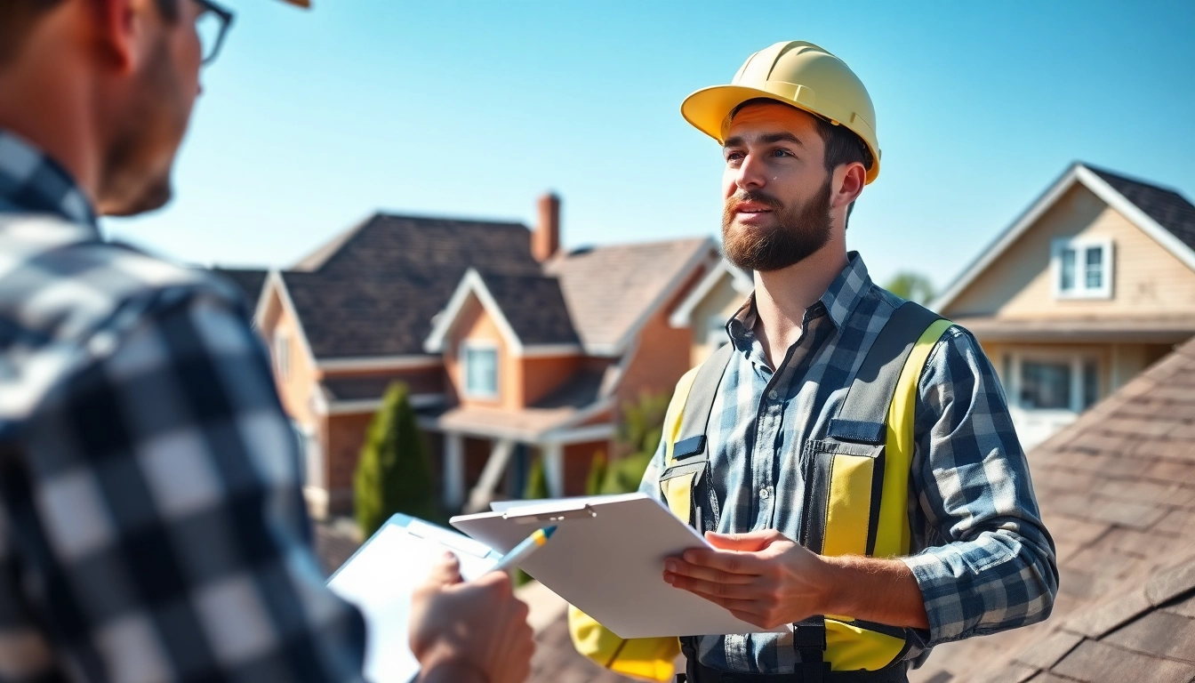 Inspect quality roofing twinsburg ohio with a contractor assessing a suburban home in bright daylight.