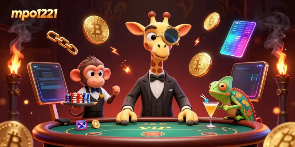 Experience the thrill of mpo1221 as you play with 3D characters in a vibrant, casino-inspired scene.